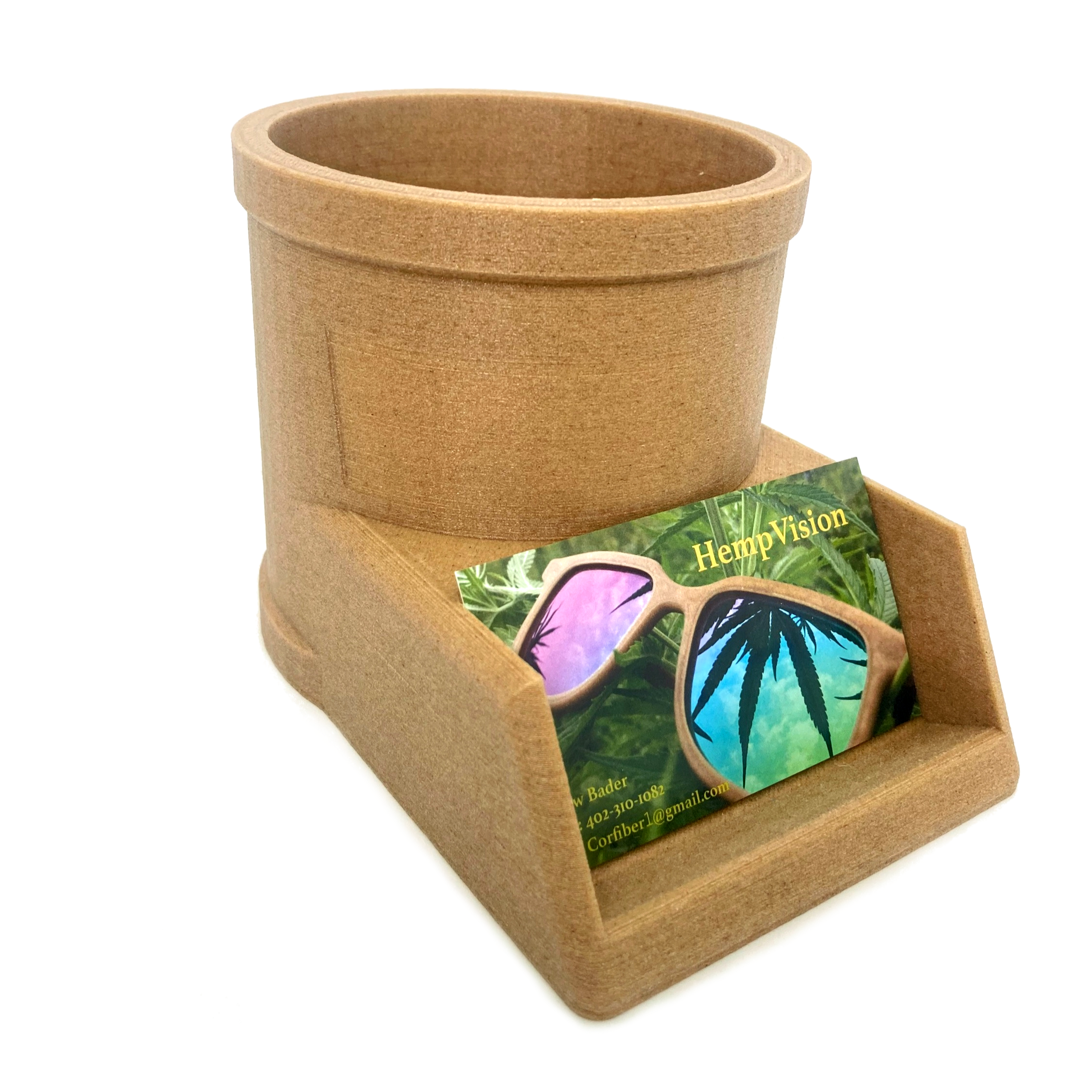 Round hemp bioplastic business card and pencil holder