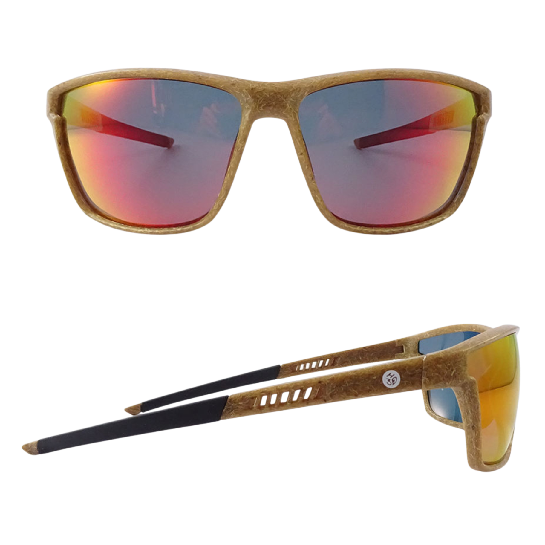 RazorSun hemp sunglasses with Fire Orange mirrored lenses, front view