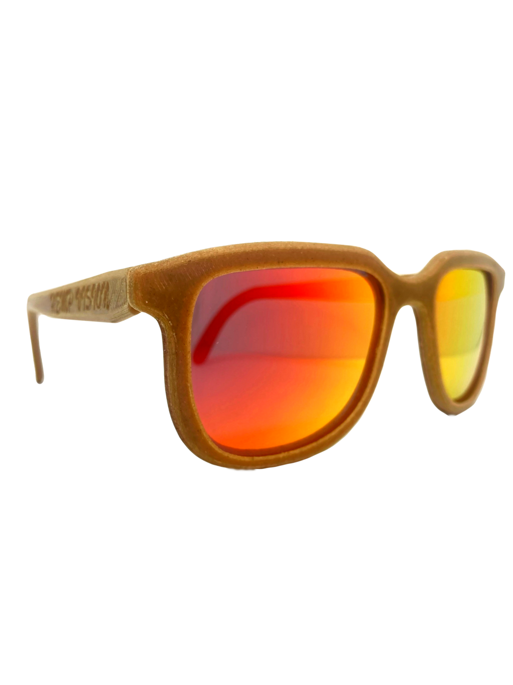 Iris hemp sunglasses in Fire Orange, three-quarter view with HempVision on the temple arm