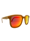 Iris hemp sunglasses in Fire Orange, three-quarter view with HempVision on the temple arm