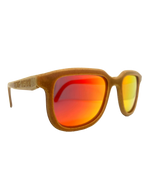 Iris hemp sunglasses in Fire Orange, three-quarter view with HempVision on the temple arm