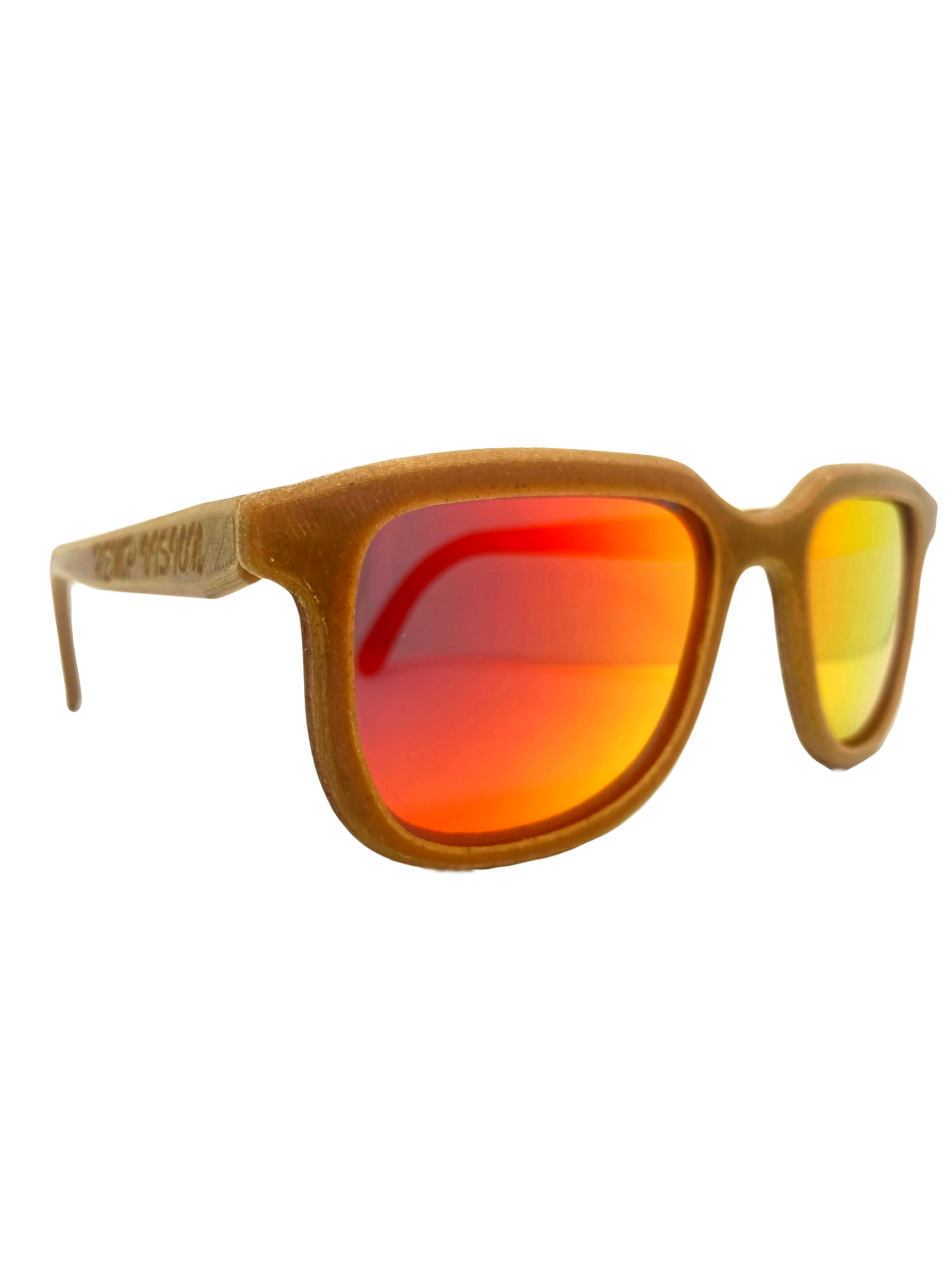 Iris hemp sunglasses in Fire Orange, three-quarter view with HempVision on the temple arm