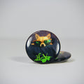 Hemp3D dog button pin badge — chihuahua in sunglasses on a navy background, two buttons shown