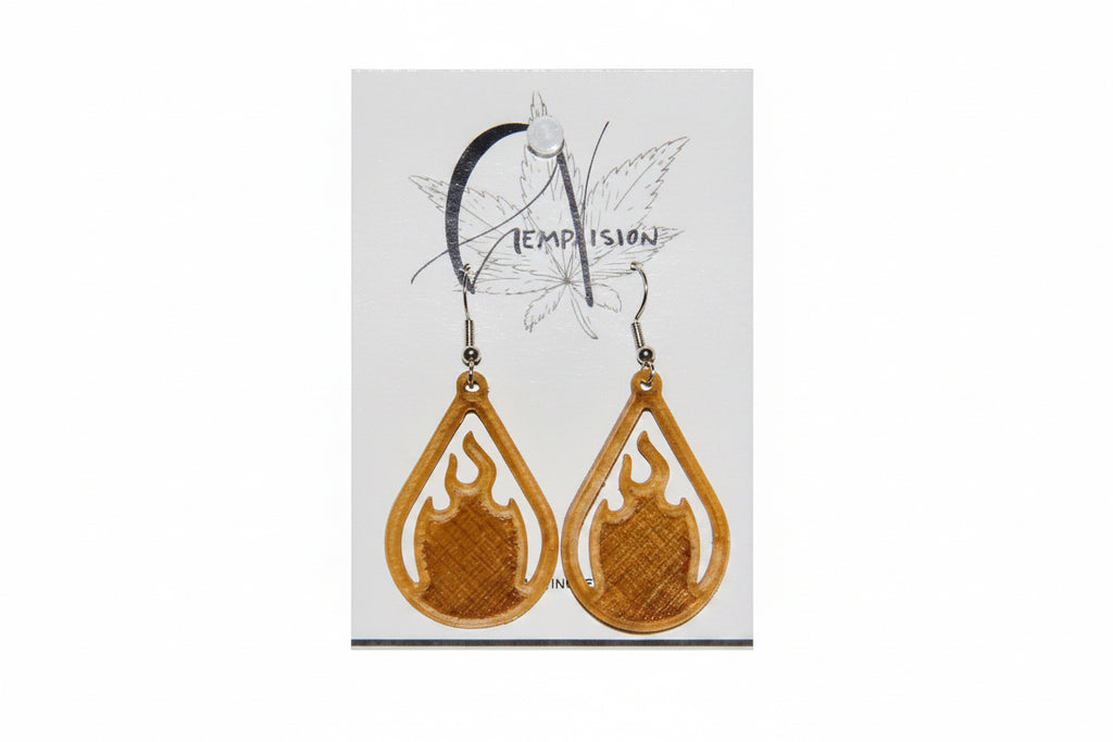 Fire hemp earrings on a HempVision card, flame inside a teardrop
