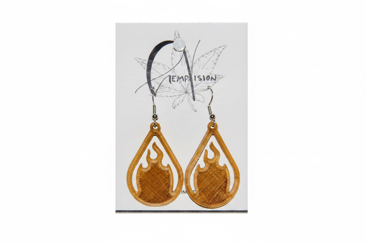 Fire hemp earrings on a HempVision card, flame inside a teardrop