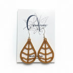 Tree Leaf hemp earrings on a HempVision card, open lattice teardrop design