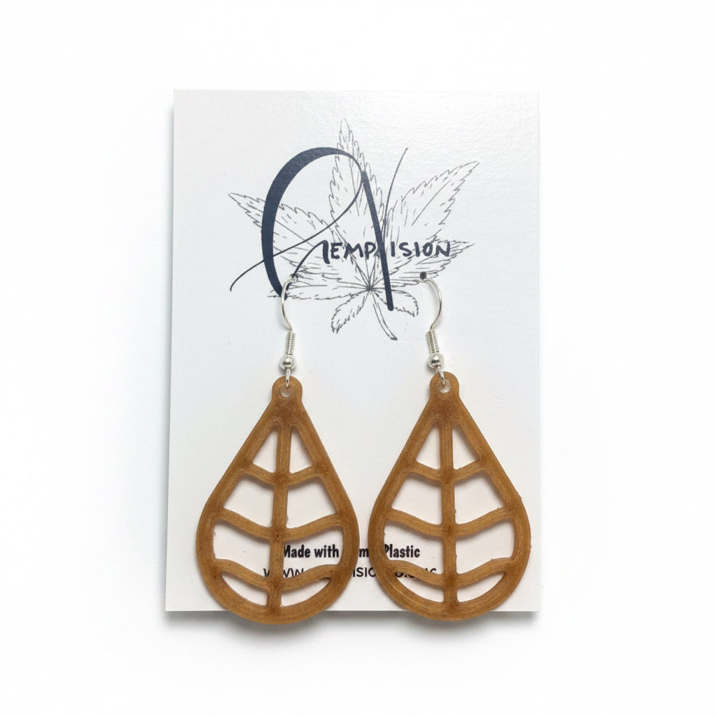 Tree Leaf hemp earrings on a HempVision card, open lattice teardrop design