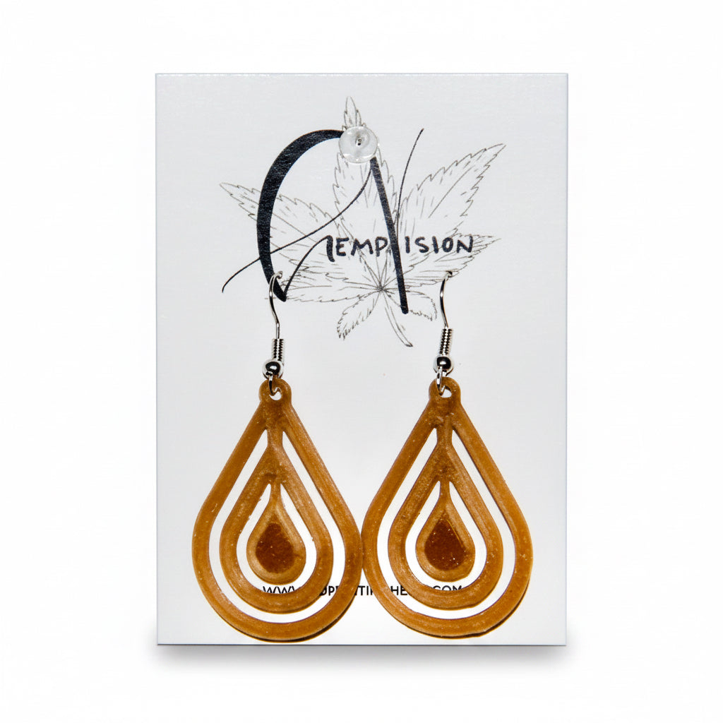 Water hemp earrings on a HempVision card, concentric teardrop design